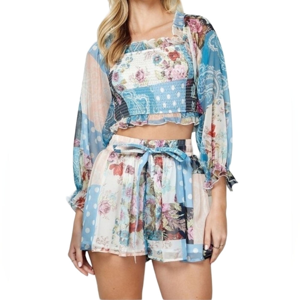 Women's Long Sleeve Smock Top & Mini Shorts Multi Print‎ 2PC Set
